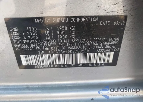 2019 Subaru Impreza 2.0I z USA, uszkodzony, nr VIN 4S3GTAA60K3733200